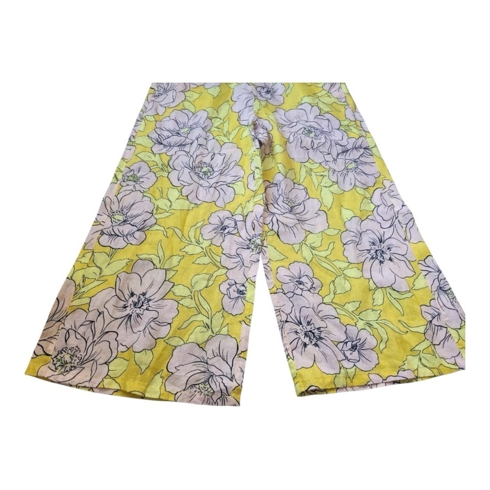 C & C Women's Capri Pants Wide Leg 100% Linen Floral Yellow Pink White Size L - Picture 2 of 4